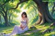 A pregnant woman sitting under a tree in a park.