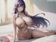 A naked anime girl with long purple hair laying on a bed.